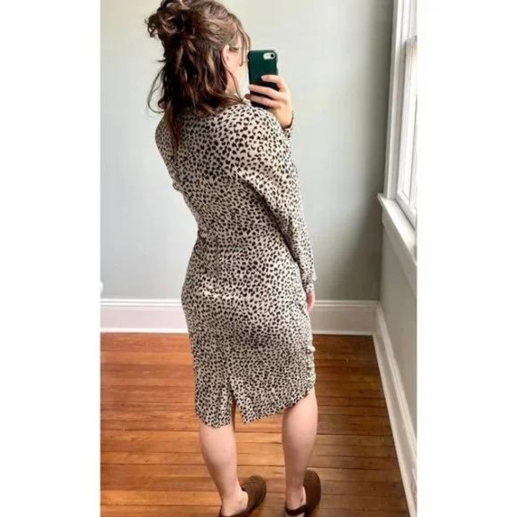 Vintage 90s White Black Leopard Cheetah Animal Print Ruched Dress - Picture 4 of 10